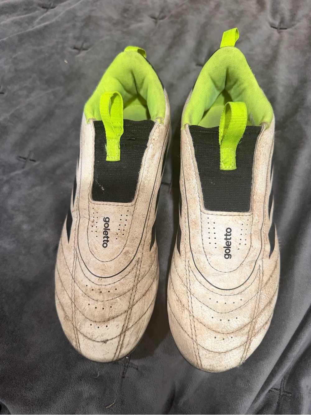 adidas Kids Goletto Slip-On Soccer Shoes in White with Neon Green Accents